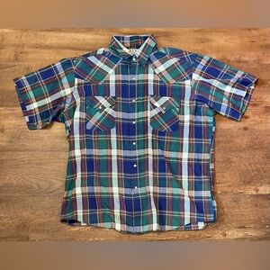 Ely Cattleman vintage blue plaid short sleeve pearl snap button up shirt large